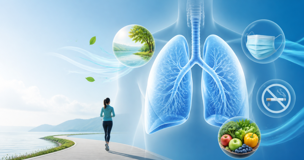 Ilustración sobre hábitos para cuidar los pulmones y mantener una buena salud respiratoria
